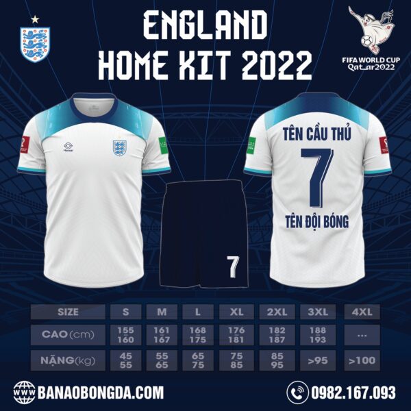 Mẫu áo đội tuyển England sân nhà World Cup 2022