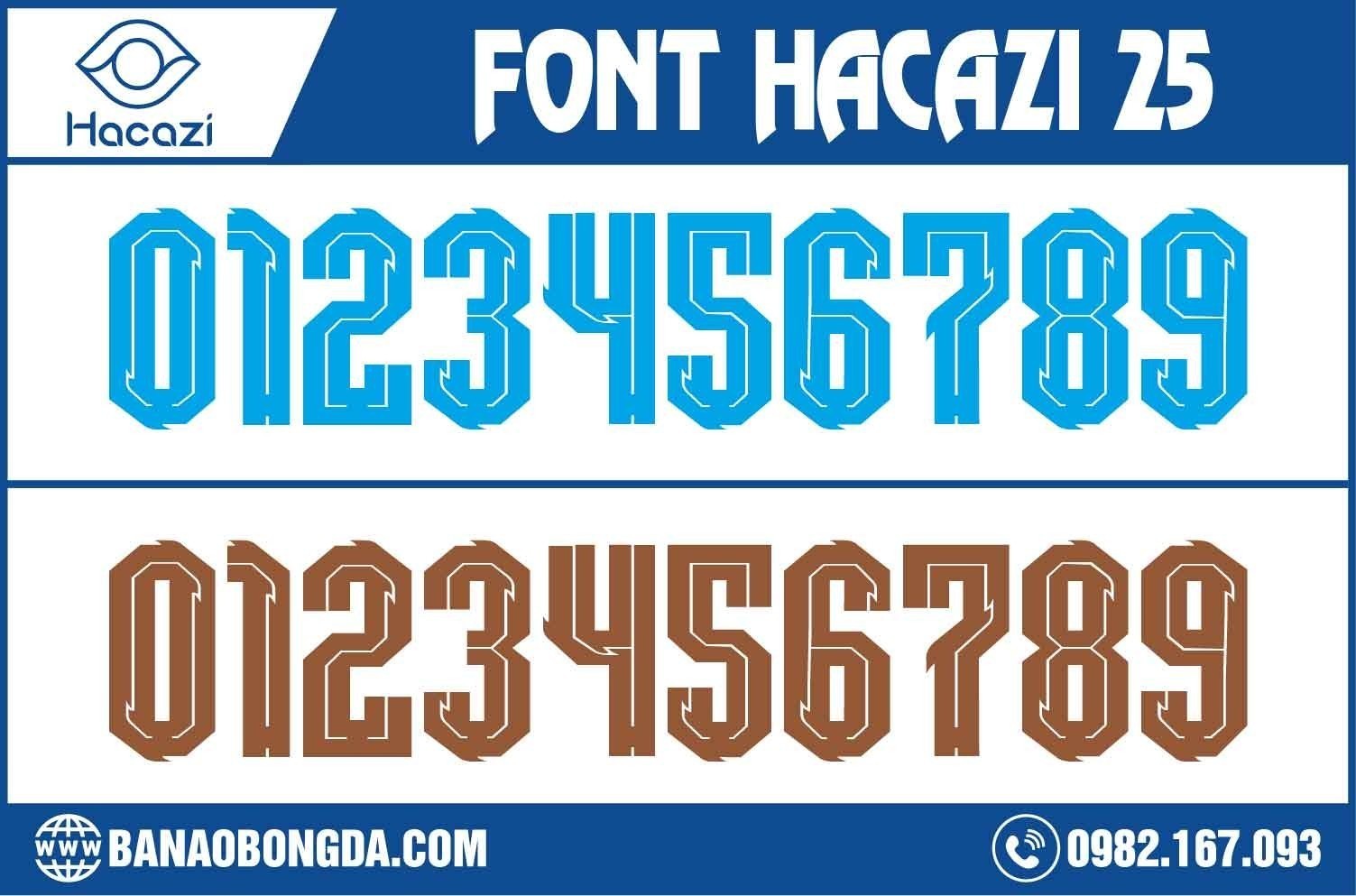 Bộ font số áo bóng đá 25 xuất sắc đã được ra mắt tại shop Hacazi Sport. Được chon tông màu xanh và nâu làm phông màu chính cho bộ. 