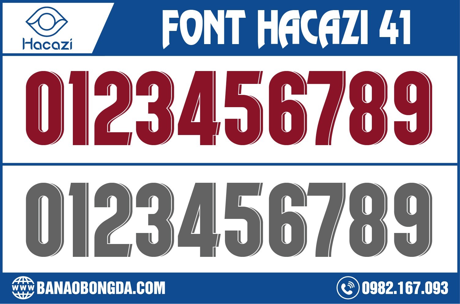 Để làm mới cho font số, chúng tôi còn sử dụng thêm phần phối màu với nhau để làm nên sự mới mẻ cho cực phẩm bộ font số áo bóng đá 41 độc đáo nhất tại Shop Hacazi Sport chúng tôi.