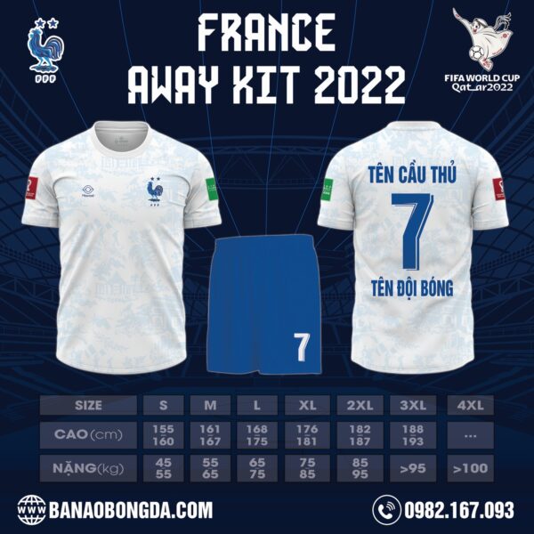 Hình ảnh mẫu áo đội tuyển Pháp sân khách World Cup 2022. vừa mới được tung ra thị trường. Những đã nhận được nhiều lời khen tích cực của các fan. Cùng với sự hoàn hảo này, tại sao bạn không nhanh tay liên hệ với Hacazi Sport chúng tôi để được tư vấn và đặt hàng nhỉ? 