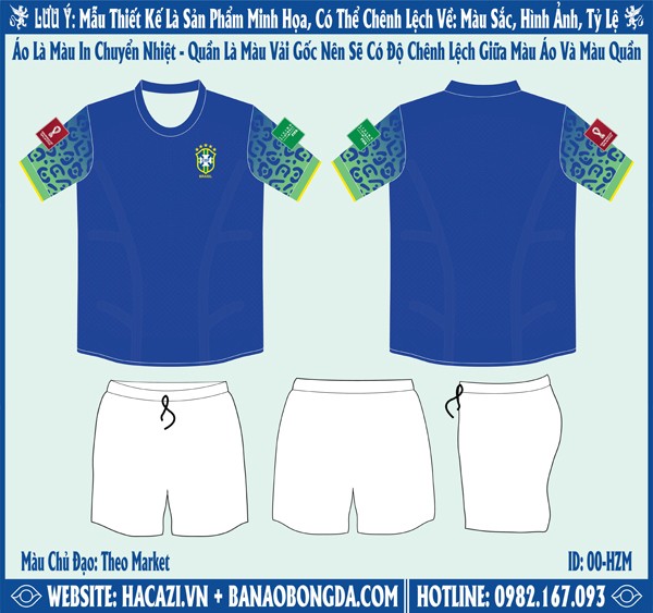 Mẫu ảnh áo đội tuyển Brazil sân khách World Cup 2022 Market - Với bản thiết kế áo đội tuyển lần này, chúng ta sẽ thấy sự xuất hiện của màu xanh sang trọng làm gam màu chính cho bộ áo đấu. Màu sắc này đã được áp dụng cho toàn mặt trước và mặt sau áo đấu. Còn chiếc quần short đi kèm sẽ là cùng gam màu tạo ra bộ áo đấu sang trọng và lịch lãm