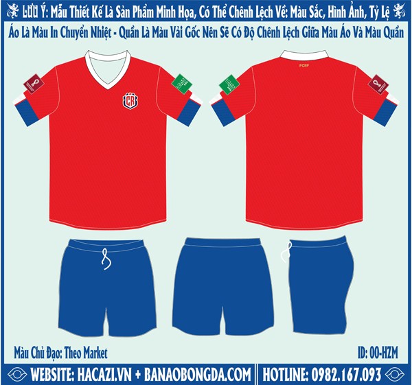 Hình ảnh Mẫu ảnh áo đội tuyển Costa Rica sân nhà World Cup 2022 Market . Với sự kết hợp độc đáo giữa màu đỏ chủ đạo cùng với các chi tiết tinh tế xanh ya nổi bật trên áo.Phần thân áo được thể hiện một bản họa tiết hai bên hông áo phối hợp với nhau một cách thật ăn ý. Ấn tượng với họa tiết trên ống tay áo nhìn giống hình ảnh độc đáo. Thiết kế với form dáng áo chuẩn Châu Á, chất liệu vải may cao cấp mang đến sự thoải mái nhất cho người mặc. Shop Hacazi Sport đã tạo ra một sản phẩm thể thao bóng đá mới đầy ấn tượng dành cho mùa giải World Cup 2022 sắp tới.