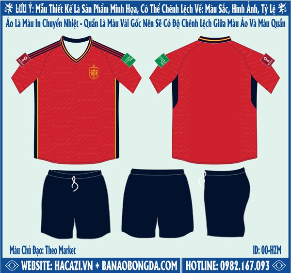 Mẫu market áo đội tuyển Tây Ban Nha sân nhà World Cup 2022 sở hữu màu đỏ nổi bật được kết hợp cùng họa tiết lạ mắt và những chi tiết tinh tế đã tạo lên vẻ đẹp đầy cuốn hút. Liên hệ ngay với Hacazi Sport để được sở hữu thiết kế này ngay nhé.