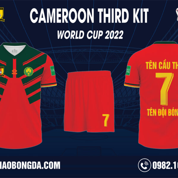 Hình ảnh Áo Cameroon World Cup 2022 Bộ Thứ Ba Màu Đỏ Cuốn Hút. Với việc sử dụng màu đỏ làm màu chủ đạo cho tổng thể bộ trang phục mang đến sự nổi bật, cuốn hút mọi ánh nhìn. Độc đáo trên mặt trước áo được nhấn bằng một họa tiết trừu tượng hình xương cá lớn có màu ve chai đậm mới lạ. Cùng với chi tiết đường bo ống tay độc đáo với sự kết hợp của 3 màu cột đèn giao thông vàng - đỏ - xanh. Thiết kế form dáng chuẩn Châu Á, chất liệu vải may cao cấp mang đến sự thoải mái nhất cho người mặc. Shop Hacazi Sport đã tạo ra một sản phẩm thể thao bóng đá mới đầy ấn tượng dành cho mùa giải World Cup 2022 sắp tới.