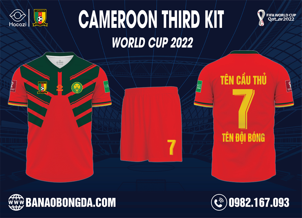 Hình ảnh Áo Cameroon World Cup 2022 Bộ Thứ Ba Màu Đỏ Cuốn Hút. Với việc sử dụng màu đỏ làm màu chủ đạo cho tổng thể bộ trang phục mang đến sự nổi bật, cuốn hút mọi ánh nhìn. Độc đáo trên mặt trước áo được nhấn bằng một họa tiết trừu tượng hình xương cá lớn có màu ve chai đậm mới lạ. Cùng với chi tiết đường bo ống tay độc đáo với sự kết hợp của 3 màu cột đèn giao thông vàng - đỏ - xanh. Thiết kế form dáng chuẩn Châu Á, chất liệu vải may cao cấp mang đến sự thoải mái nhất cho người mặc. Shop Hacazi Sport đã tạo ra một sản phẩm thể thao bóng đá mới đầy ấn tượng dành cho mùa giải World Cup 2022 sắp tới.  