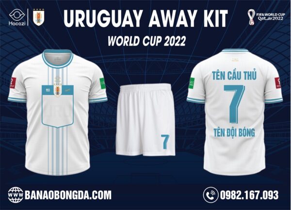 Hình ảnh Áo Uruguay World Cup Sân Khách 2022 Màu Trắng Phối Màu Xanh MC Đẹp Mắt. Với sự kết hợp độc đáo giữa gam màu trắng chủ đạo với màu xanh MC của bản họa tiết và các chi tiết áo tinh tế. Nổi bật với những đường sọc dọc có kích thước khác nhau và họa tiết hình chữ nhật đứng được thiết kế mới lạ nằm trên trung tâm áo. Nếu yêu thích sản phẩm này hãy liên hệ ngay với shop Hacazi Sport để sở hữu nó và hòa mình vào giải World Cup 2022 sắp tới.