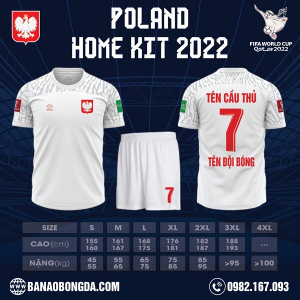 Hình ảnh Mẫu áo đội tuyển Ba Lan sân nhà World Cup 2022. Với tông màu trắng sang trọng, sạch sẽ lịch sử. Cùng với họa tiết các tia chớp với những đường nét mảnh, tạo cho bạn cảm giác như đang chiêm ngưỡng không gian 3D ảo, tinh tế và mới lạ.