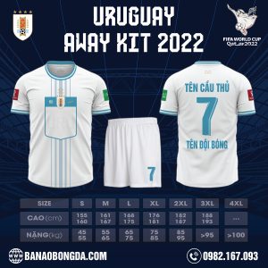Mẫu áo đội tuyển Uruguay sân khách World Cup 2022 phiên bản của những đường kẻ sọc và màu trắng thu hút. Tất cả đều được thiết kế và sản xuất tại Hacazi Sport.