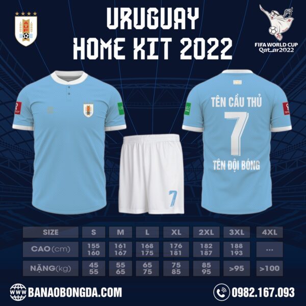 Mẫu áo đội tuyển Uruguay sân nhà World Cup 2022 ấn tượng bởi phiên bản màu xanh mc đẹp mắt. Nếu bạn cũng yêu thích mẫu thiết kế này thì đừng nên bỏ qua nhé.