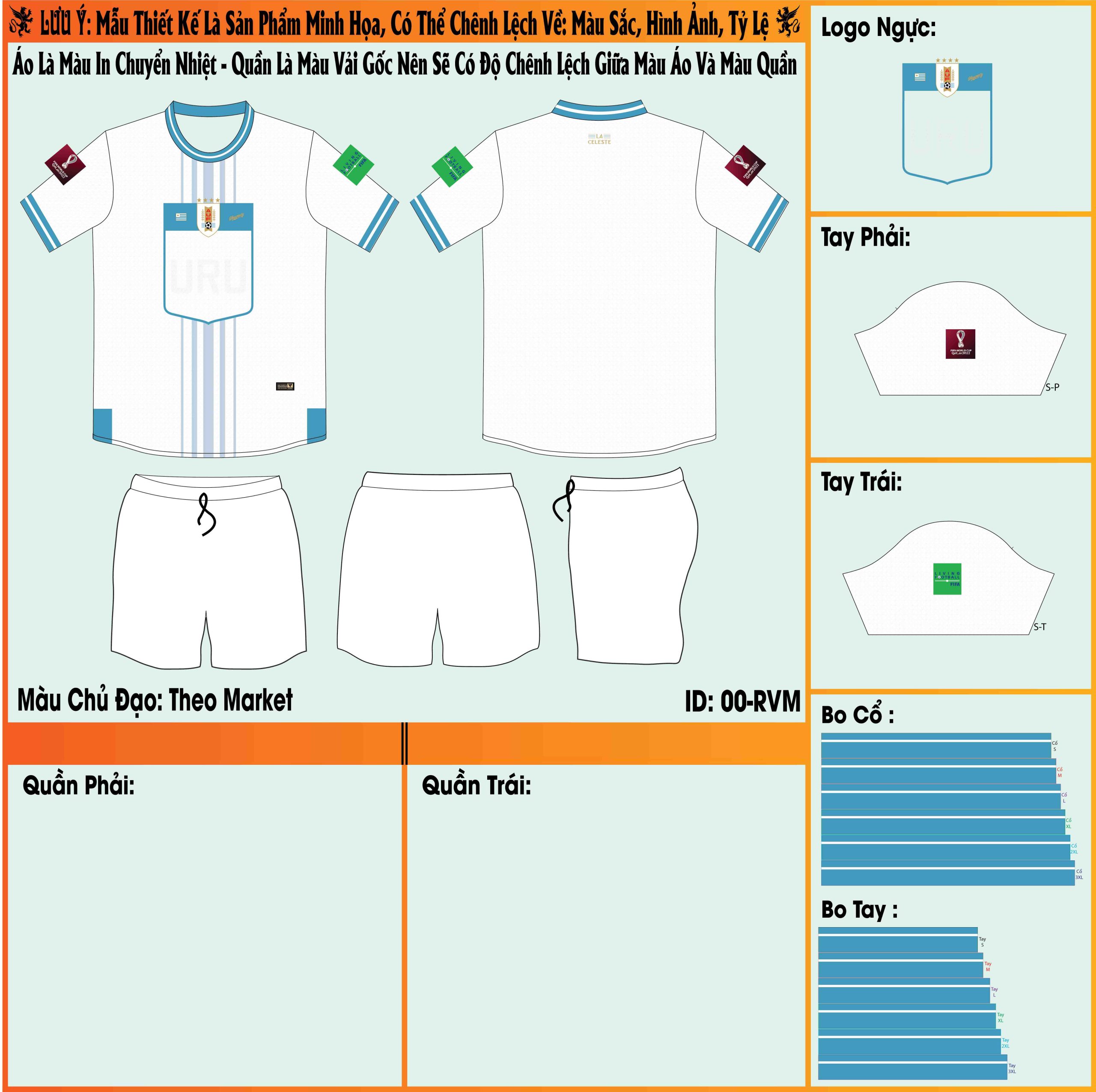 Mẫu market áo đội tuyển Uruguay sân khách World Cup 2022 phiên bản của những đường kẻ sọc và màu trắng thu hút. Tất cả đều được thiết kế và sản xuất tại Hacazi Sport. 